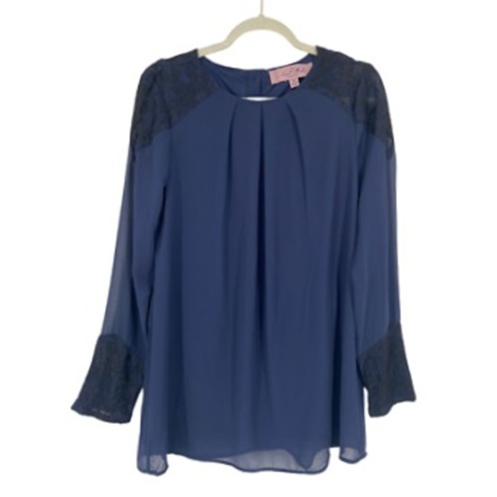 The Nicole Richie Collection Women's Navy Lace Pleated Long Sleeve Tunic Top‎ XS